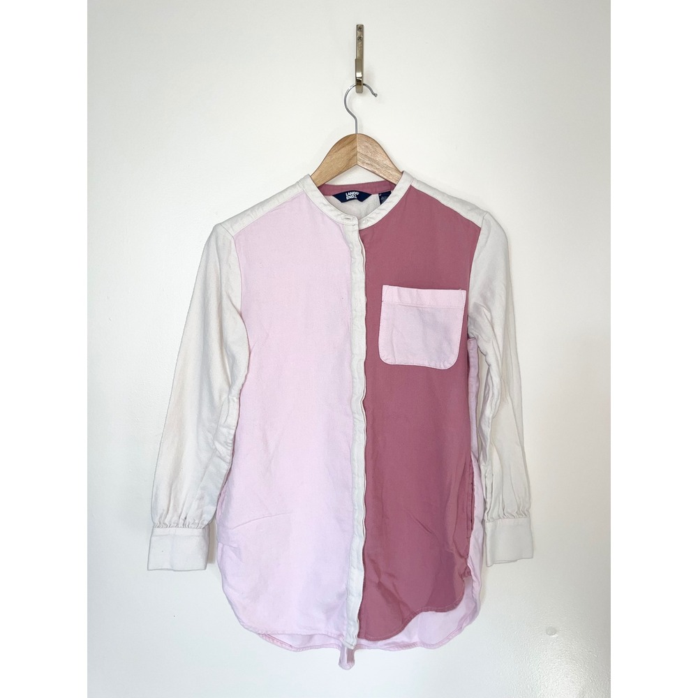 Lands End Womens XS Colorblock Flannel Shirt Pink White Mauve Mandarin Collar